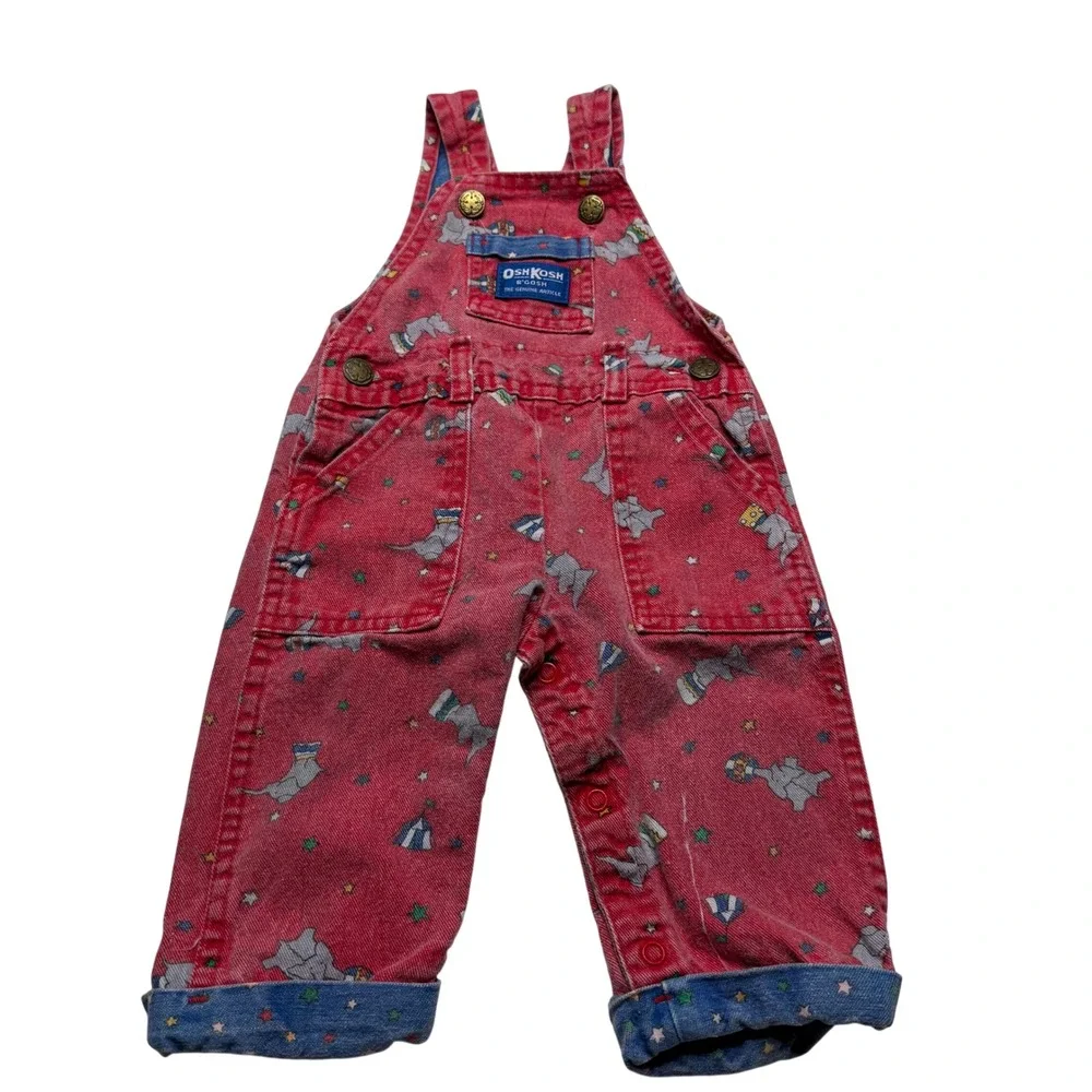 OSHKOSH Overalls Red Circus Elephant Print Kids's 6/9 Months Vestbak Vintage